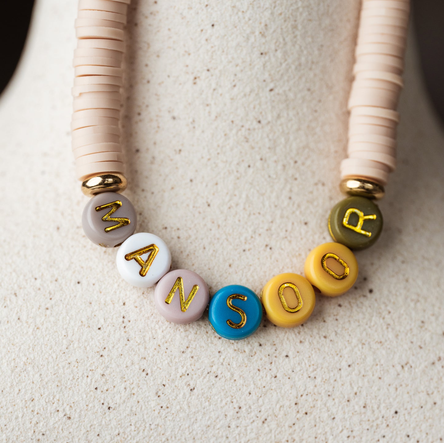 Custom Organic Rubber beads with Multicolor Alphabets "Mansoor"